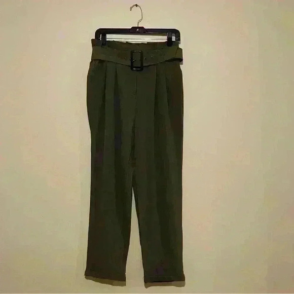 Haute Monde Pants - Haute Monde Green High Waisted Pleaded Belt Pants Size L 95 % Polyester